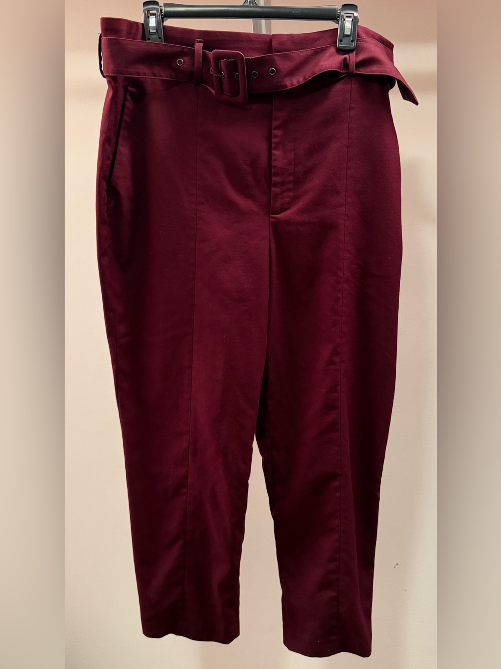 Zara Women's Burgundy High-Waist Belted Tapered Pants
